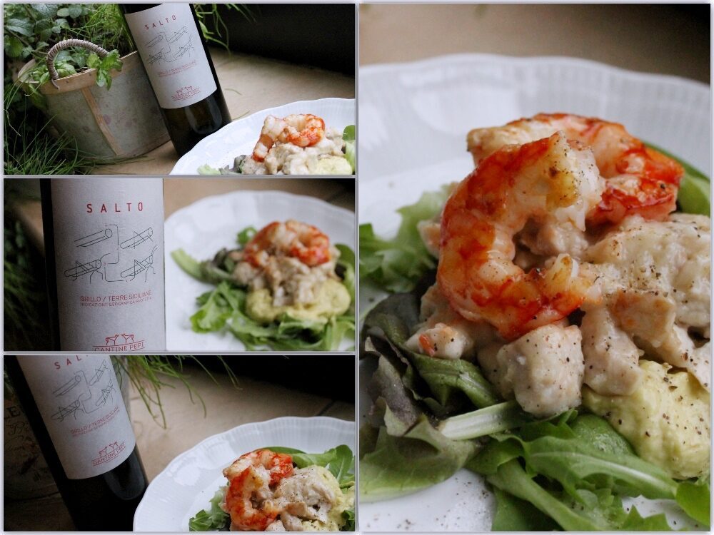 Gamberi e pollo in crema di Salto