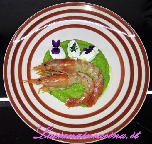 Gamberi, ricotta e crema di piselli