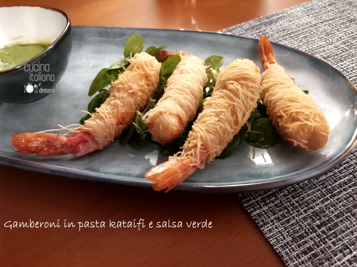 Gamberoni in pasta kataifi e salsa verde