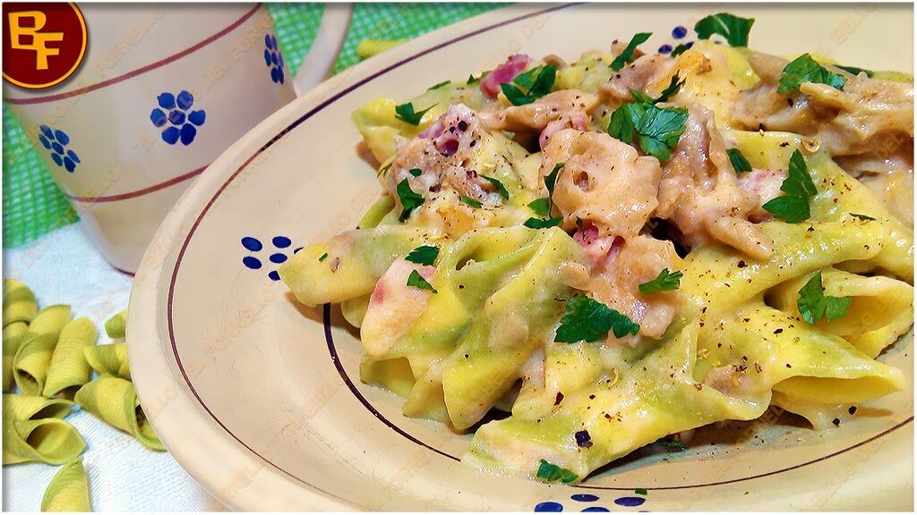 Garganelli con funghi prosciutto cotto e provola