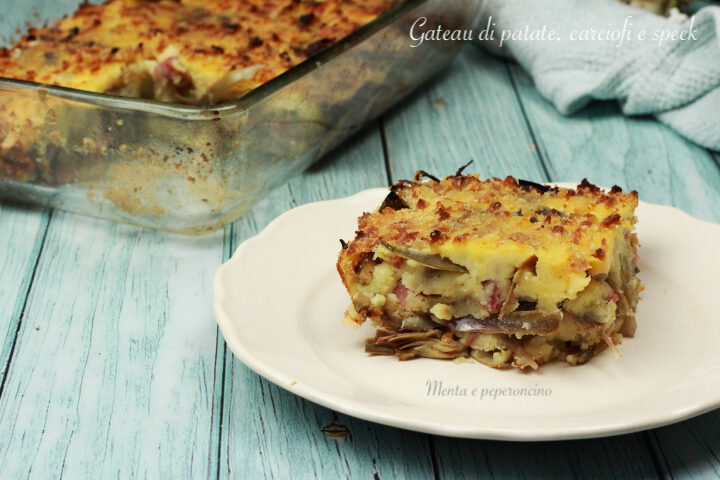 Gateau di patate, carciofi e speck