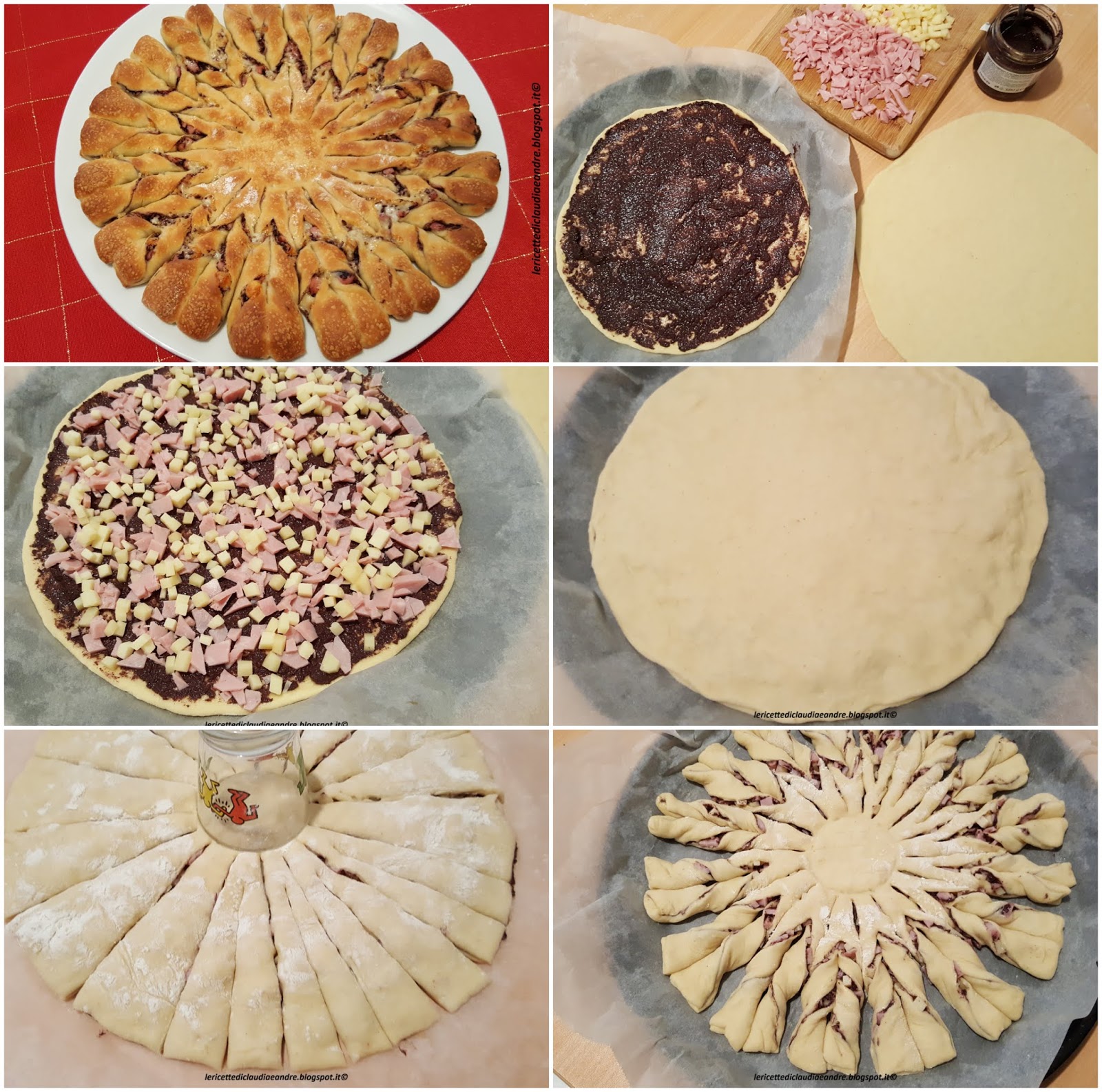 Girasole di pane farcito con paté di olive, prosciutto e fontina