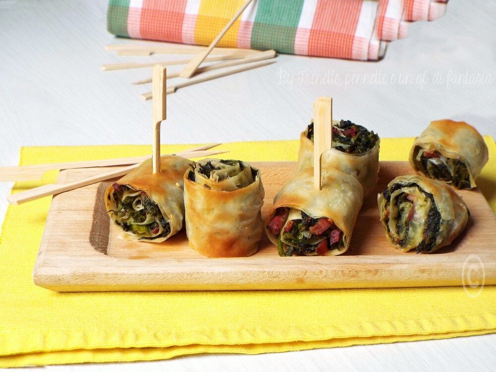 Girelle di pasta fillo broccoletti e pancetta