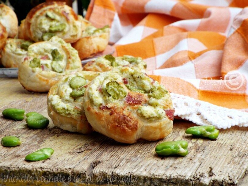 Girelle di sfoglia con fave e guanciale
