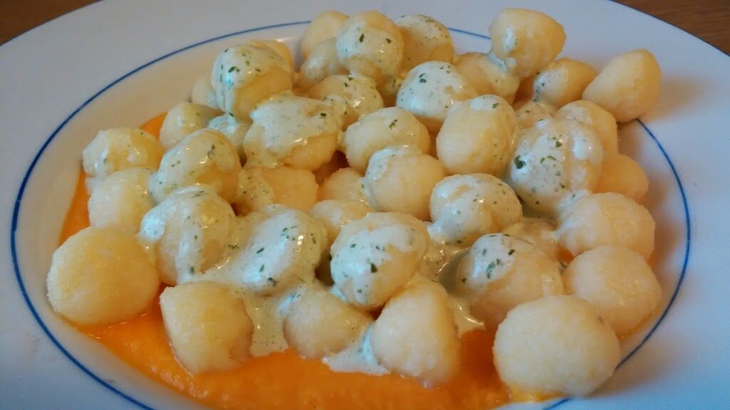 Gnocchetti su crema di carote e stracchino con salsa cremosa al basilico
