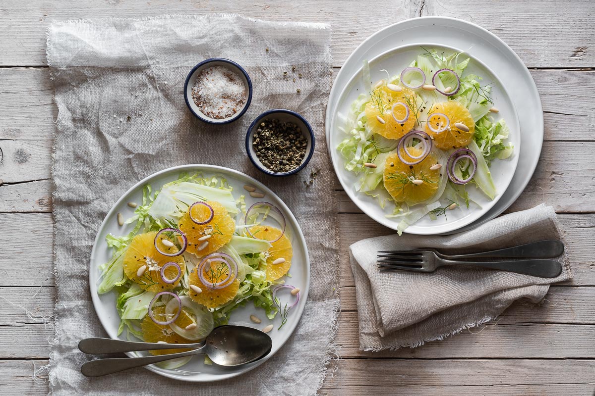 Insalata di arance e finocchi, con il sale aromatizzato alla scorza di arance.