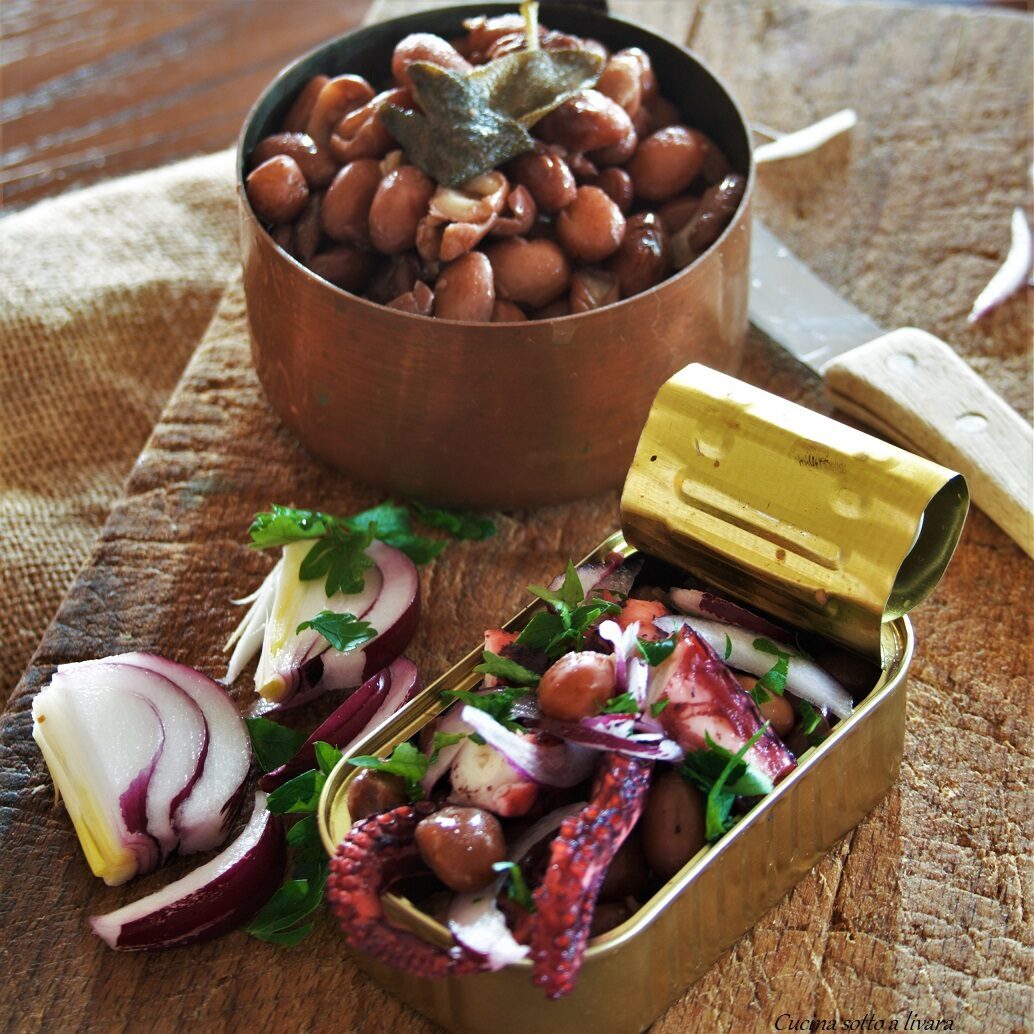 Insalata di fagioli borlotti con polpo e cipolla rossa