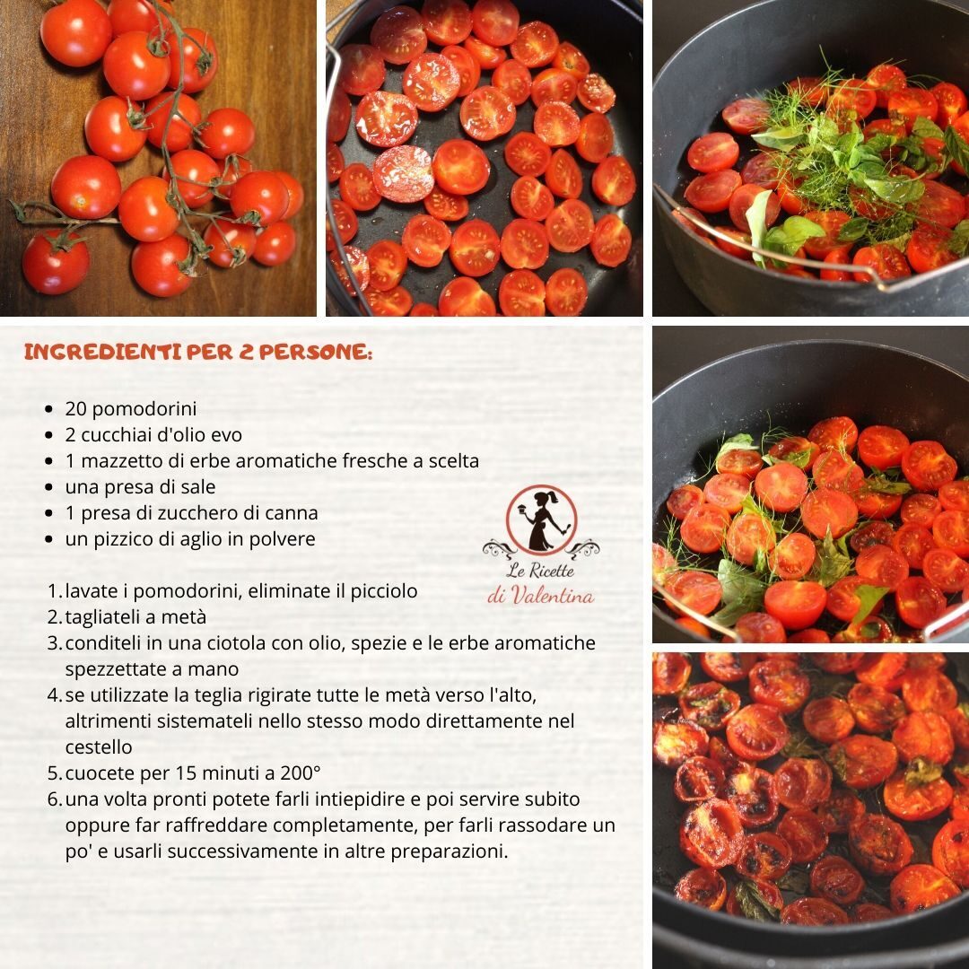 Insalata di pomodorini arrosto in friggitrice ad aria con avocado, caprella e sesamo tostato