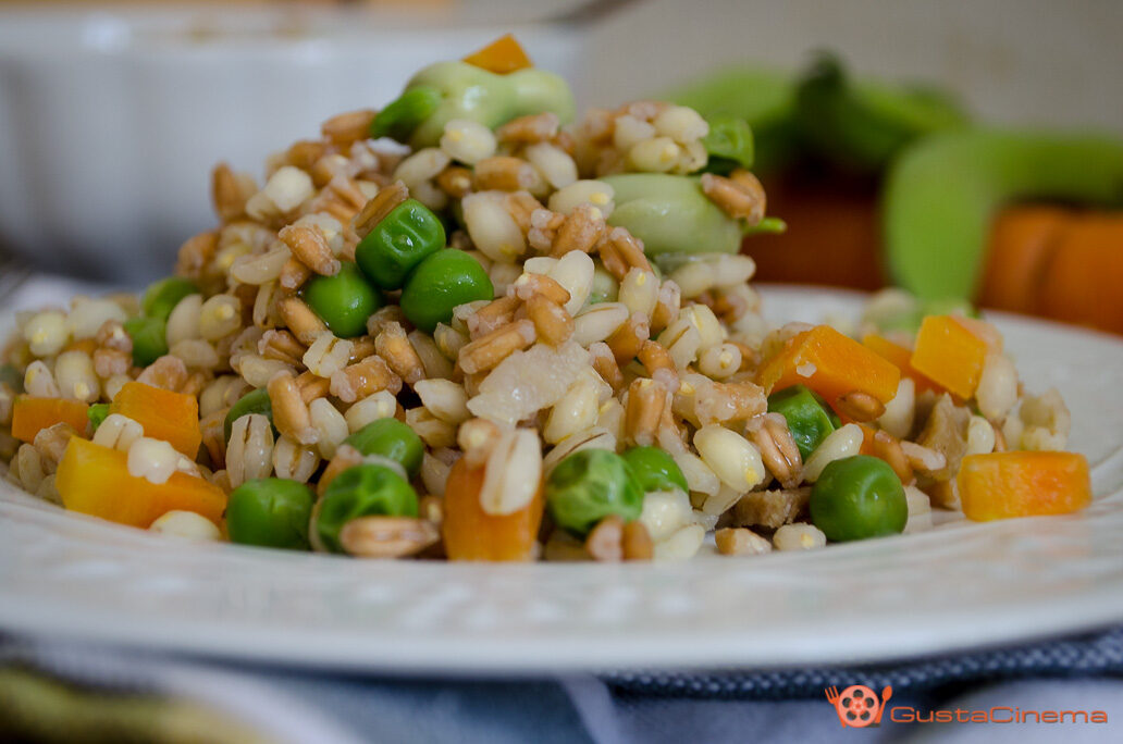 Insalata fredda di farro e orzo con piselli e fave