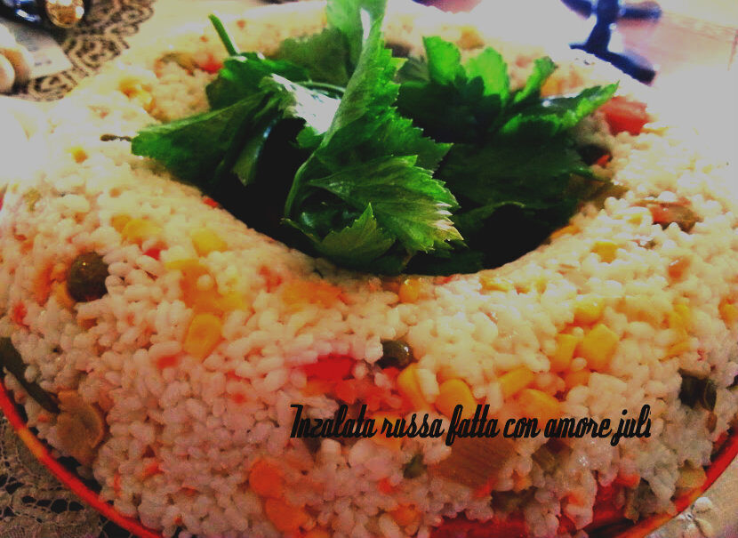 Insalata russa conti riso di verdure mais carote limone olive nere…