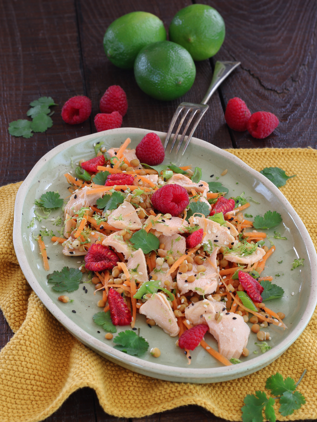 Insalata tiepida di lenticchie, salmone e lamponi