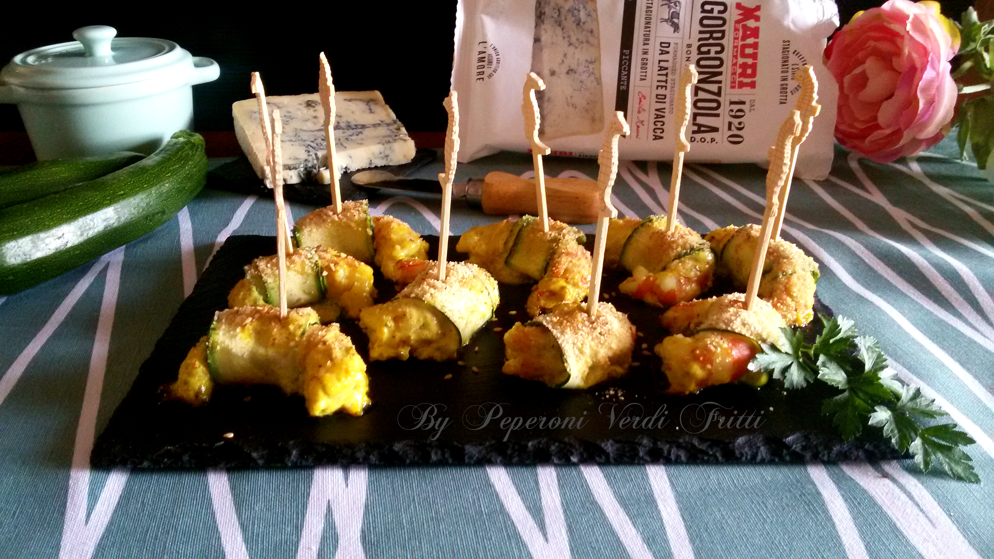 Involtini di zucchine e gamberi con gorgonzola mauri formaggi  al gratin