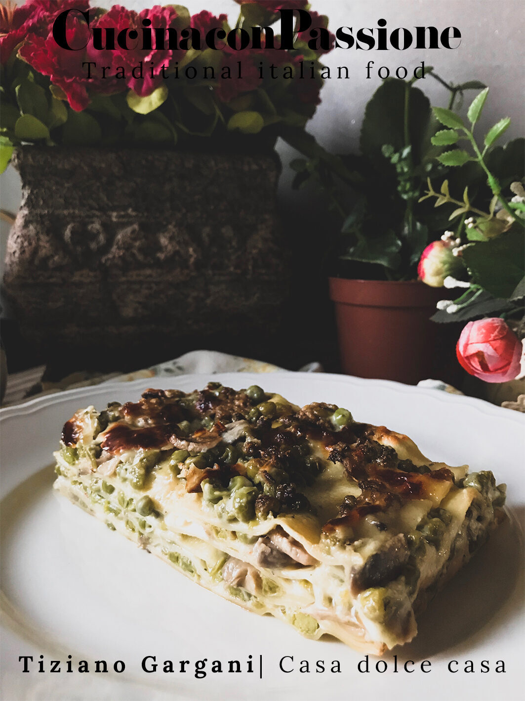 Lasagna in bianco con funghi e piselli