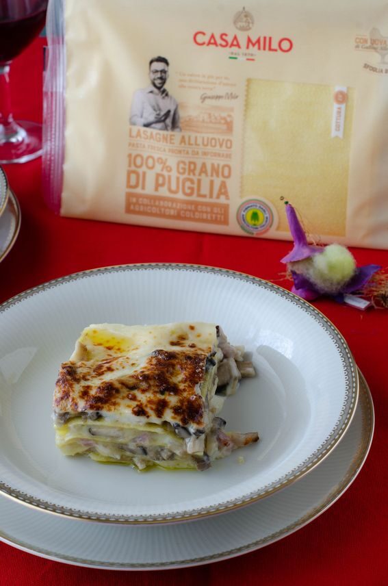 Lasagne  casa milo fresche all’uovo 100% grano di puglia  con funghi e speck 