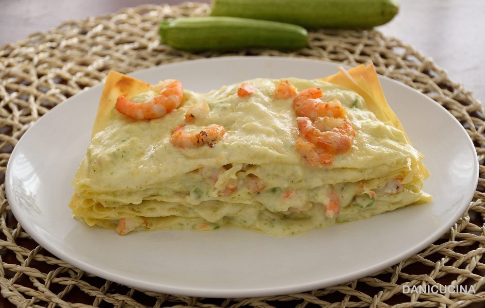 Lasagne con crema di zucchine e gamberi