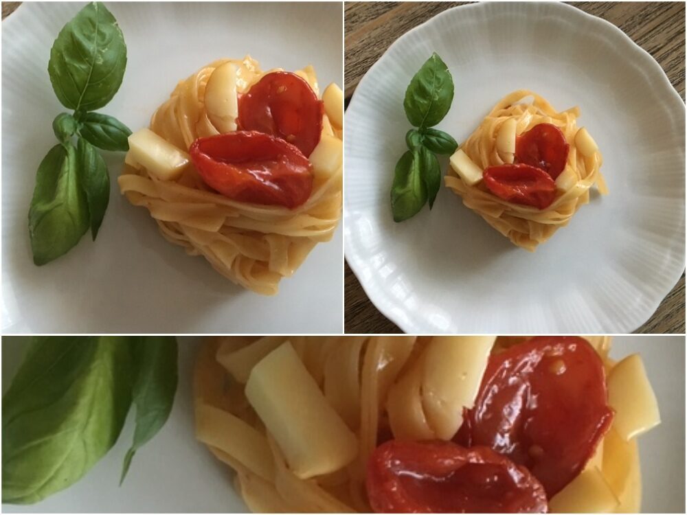 Lasagnette con pomodorini confit e scamorza