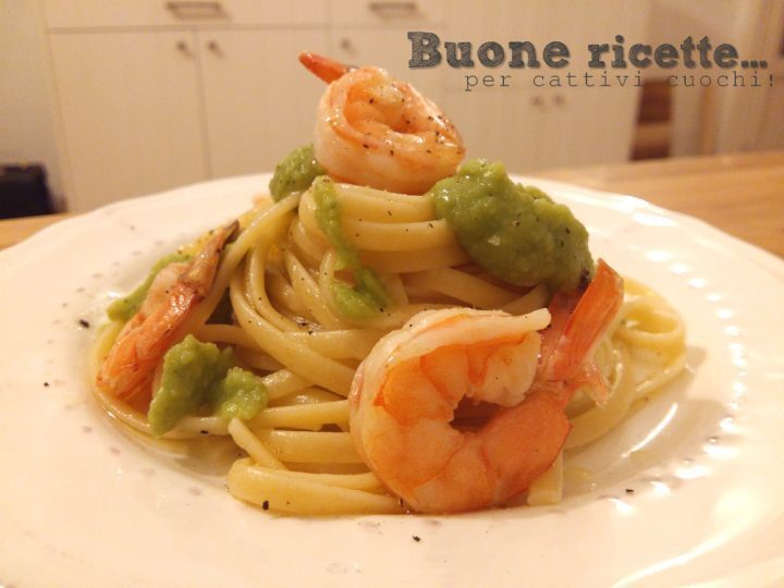 Linguine gamberetti e crema di fave