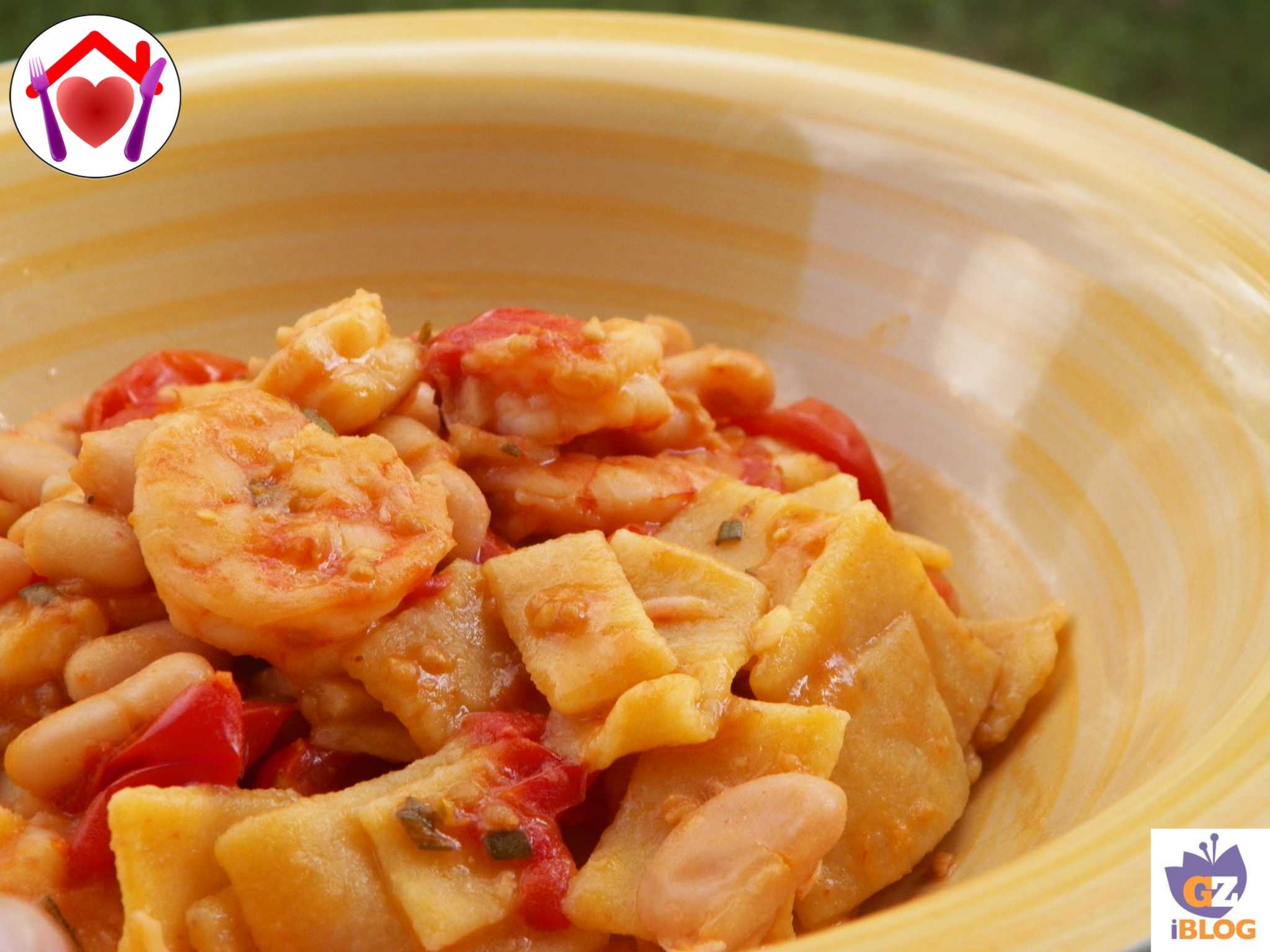 Maltagliati con farina di mais con gamberi e fagioli