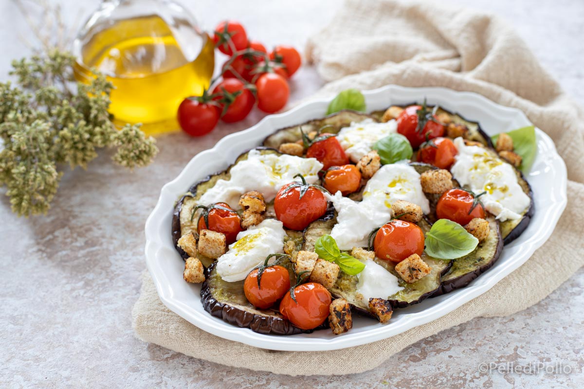 Melanzane con burrata e pomodorini caramellati
