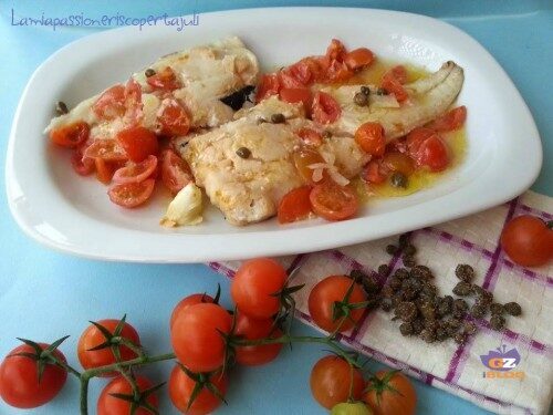 Merluzzo alla pizzaiola al forno, capperi, pomodorino,