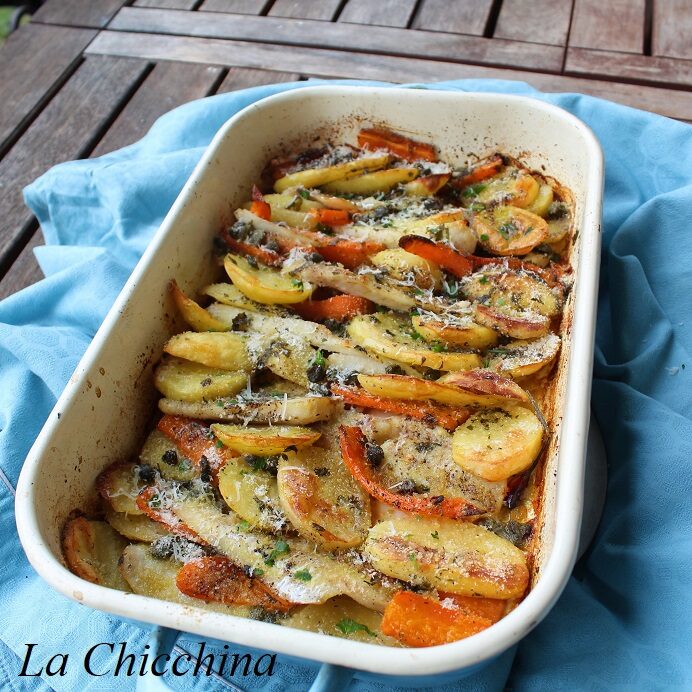Merluzzo gratinato con patate e carote