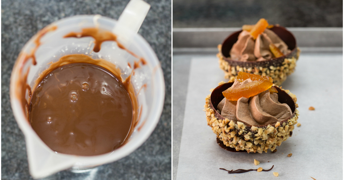 Mezze sfere di cioccolato con nocciole e ganache montata
