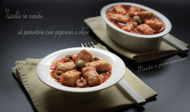 Nasello in umido al pomodoro con peperoni e olive