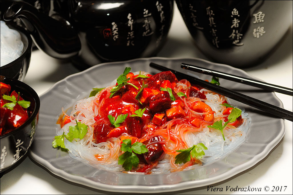 Noodles in red