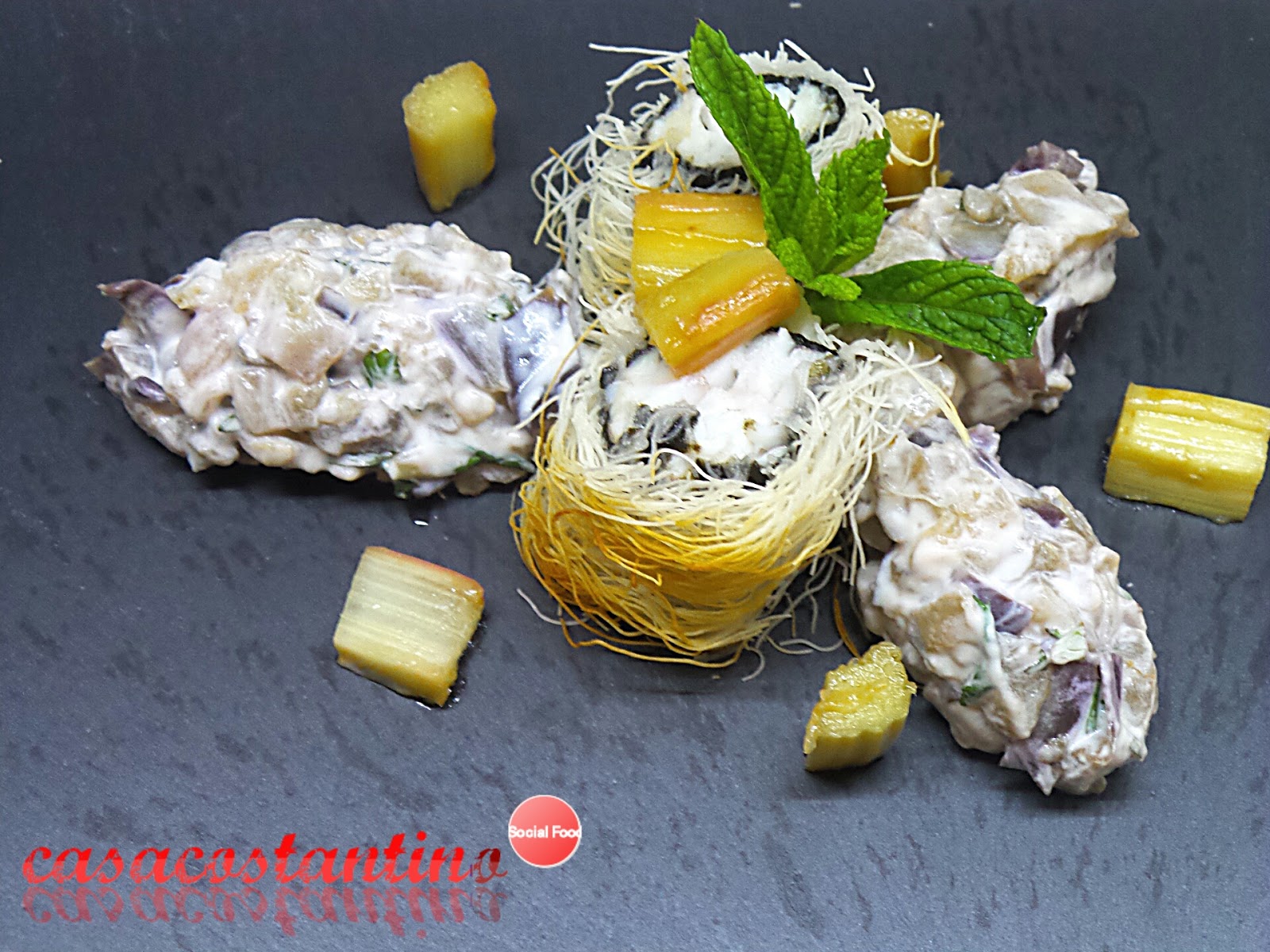 Ombrina in pasta kataifi con melanzane allo yogurt al profumo di rabarbaro
