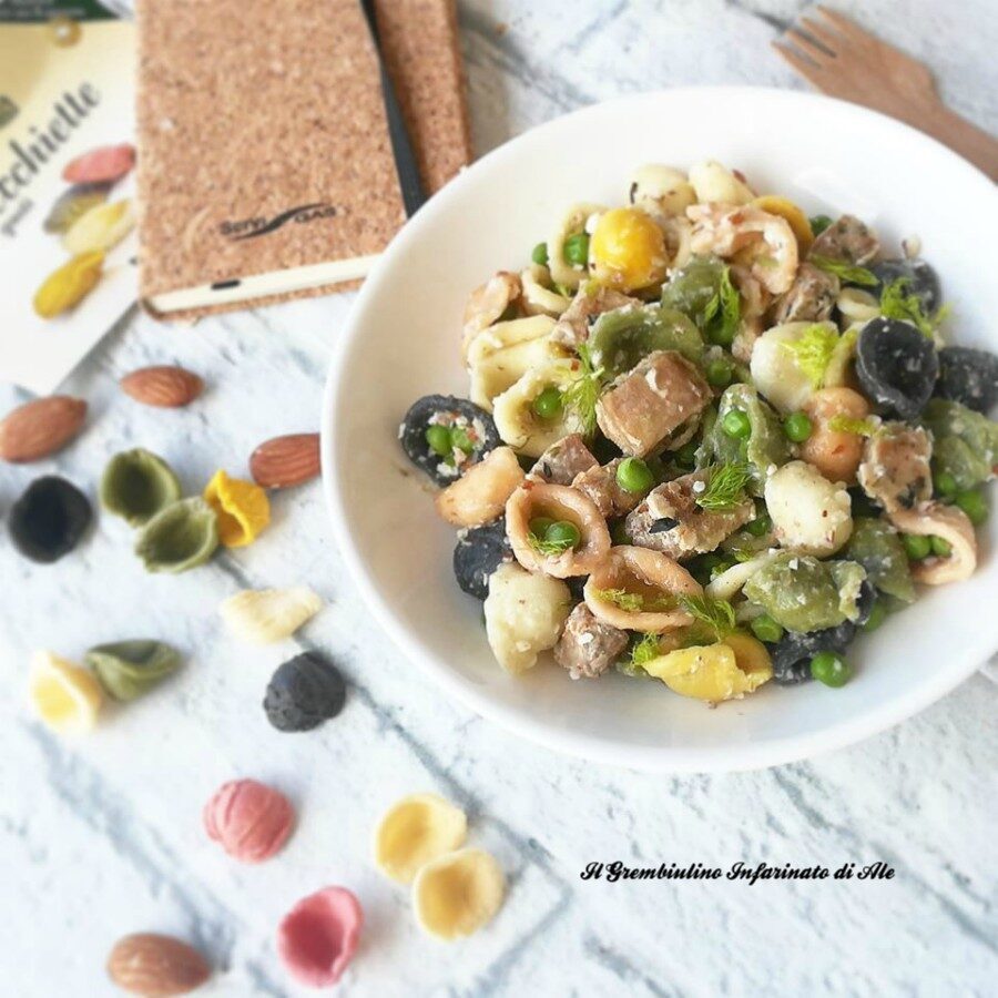 Orecchiette colorate con salmone e salsa di mandorle