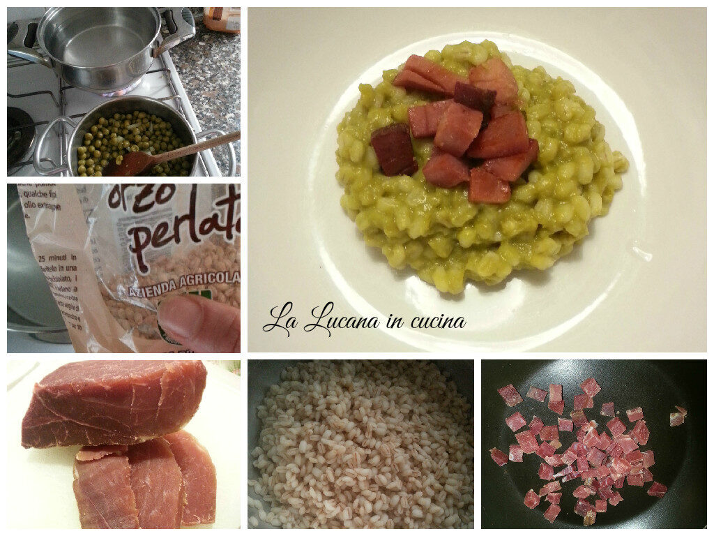 Orzo con piselli e speck croccante