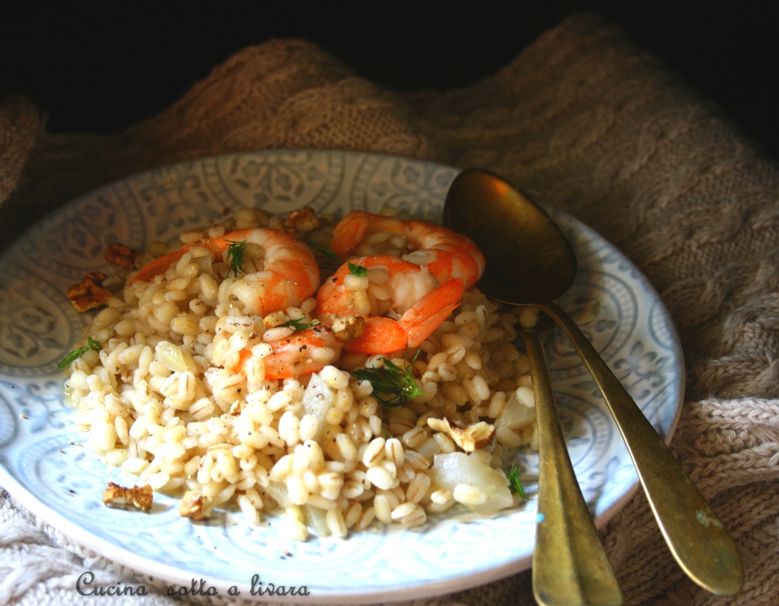 Orzo del colle  risottato con mazzancolle , finocchio arnace e noci