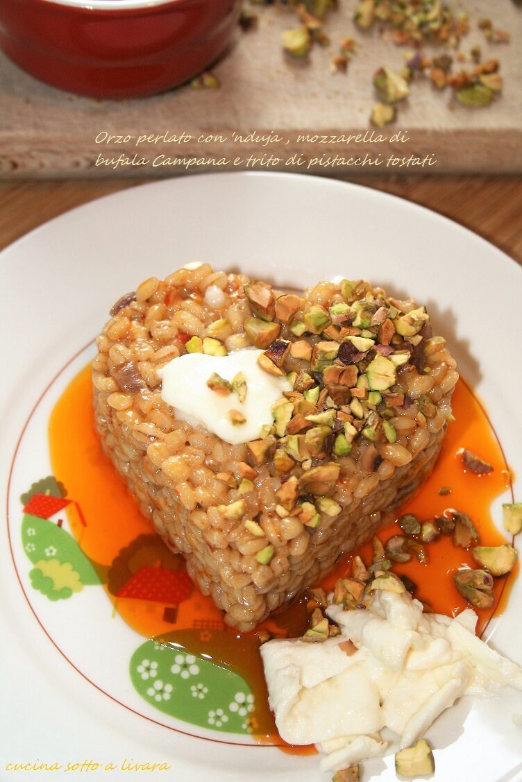 Orzo perlato con ‘ nduja ,mozzarella di  bufala e pistacchi