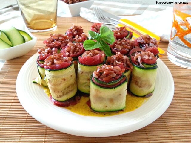 Paccheri di zucchine ripieni al riso rosso e bresaola