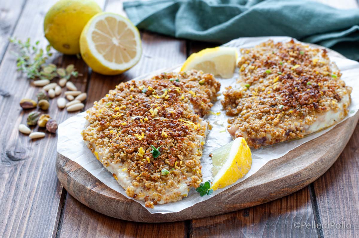 Palombo gratinato al limone e pistacchi