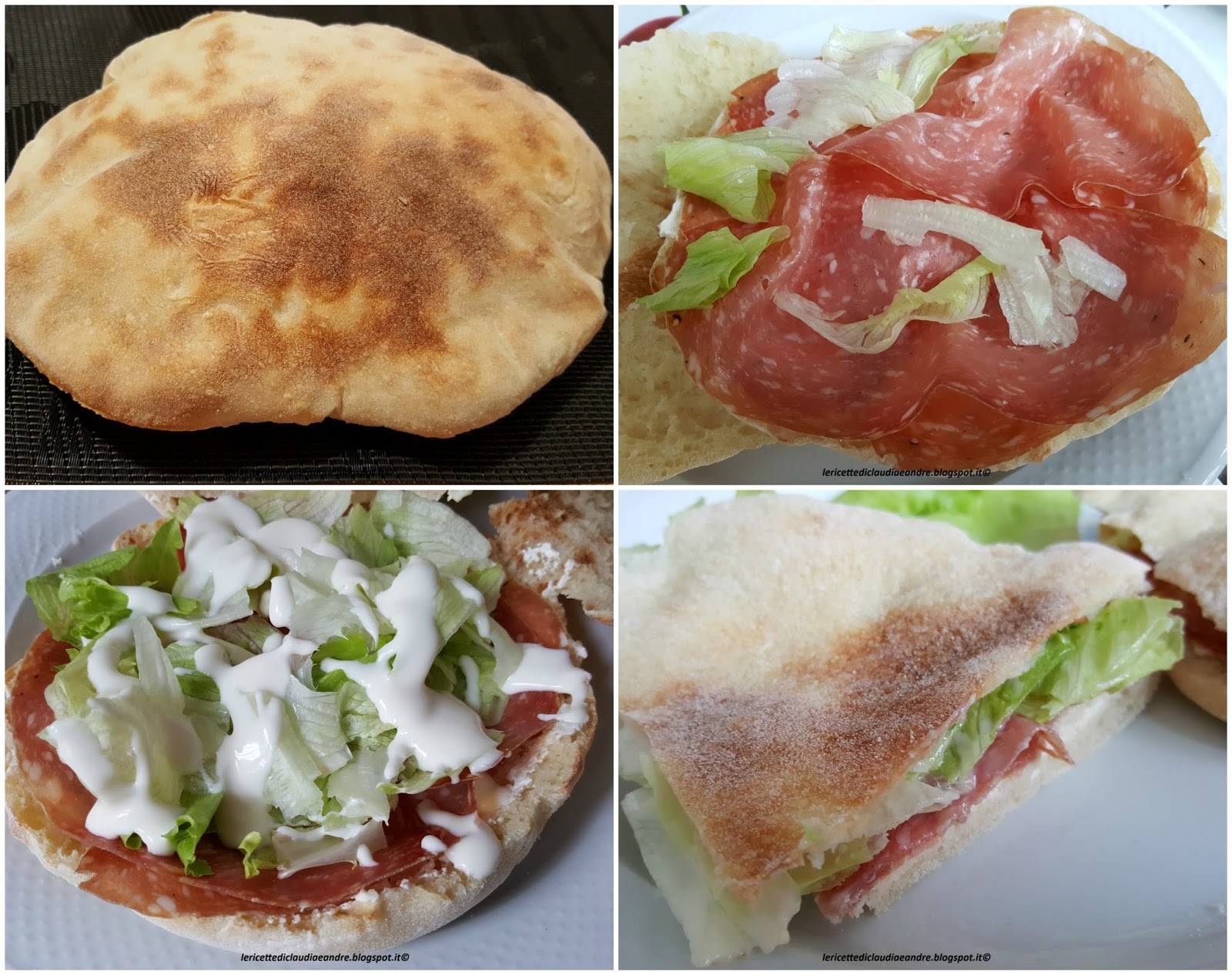 Pane pizza o pitta con salame golfetta, formaggio spalmabile, iceberg