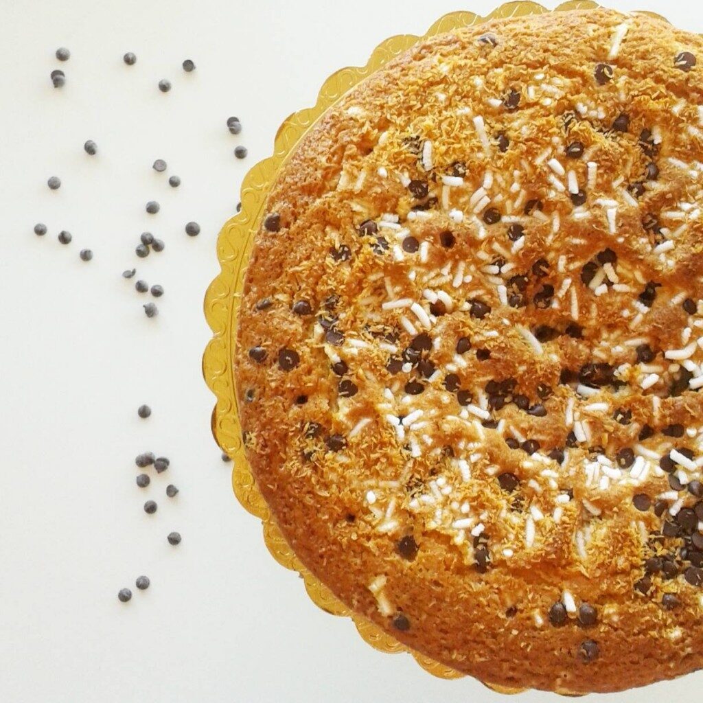 Panettone con gocce di cioccolato , cocco e granella di zucchero