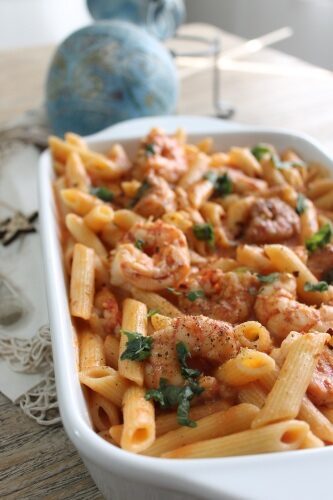 Pasta al forno con gamberi e crema di patate