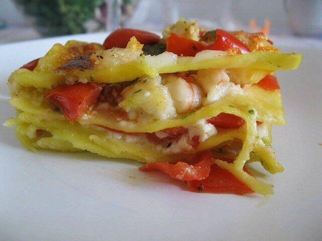 Pasta al forno fredda stracchino gamberi e pesto