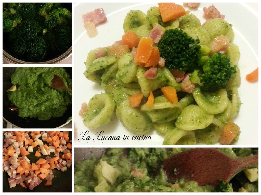 Pasta con broccoli, pancetta e carote croccanti