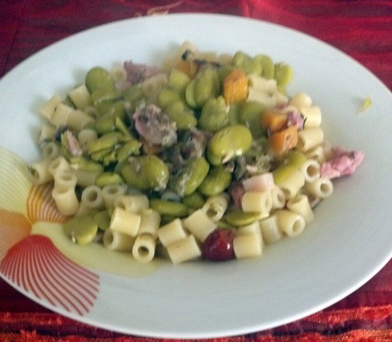 Pasta con le fave e pancetta carote finocchietto selvatico