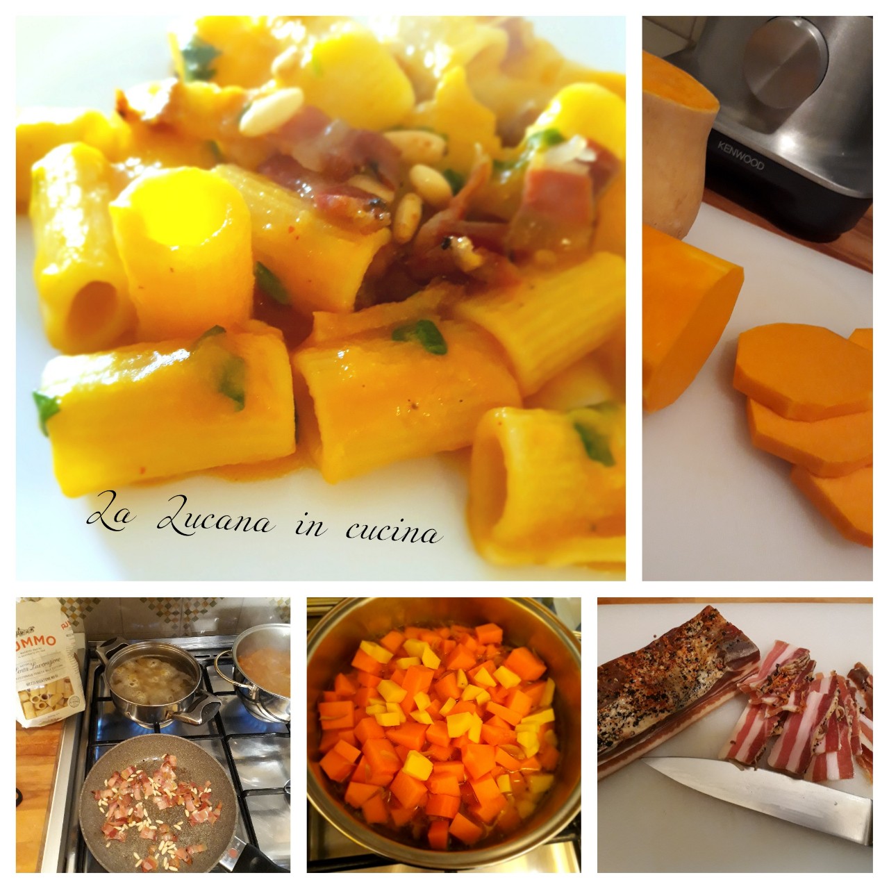 Pasta con zucca pancetta e pinoli