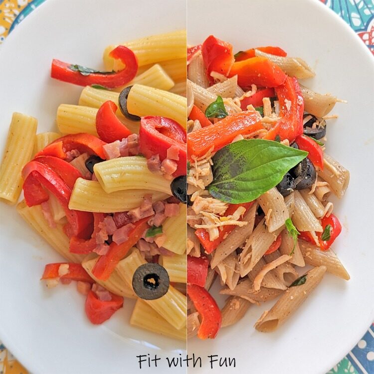 Pasta peperoni pollo e olive da gustare calda o fredda
