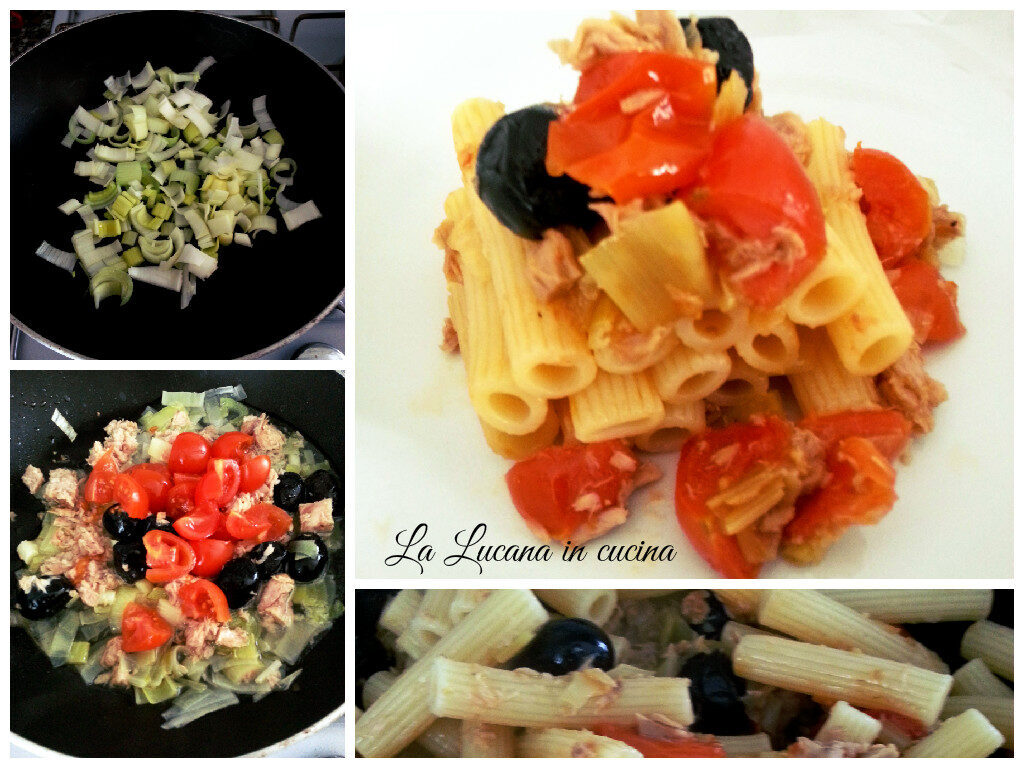 Pasta porri, pomodorini e tonno