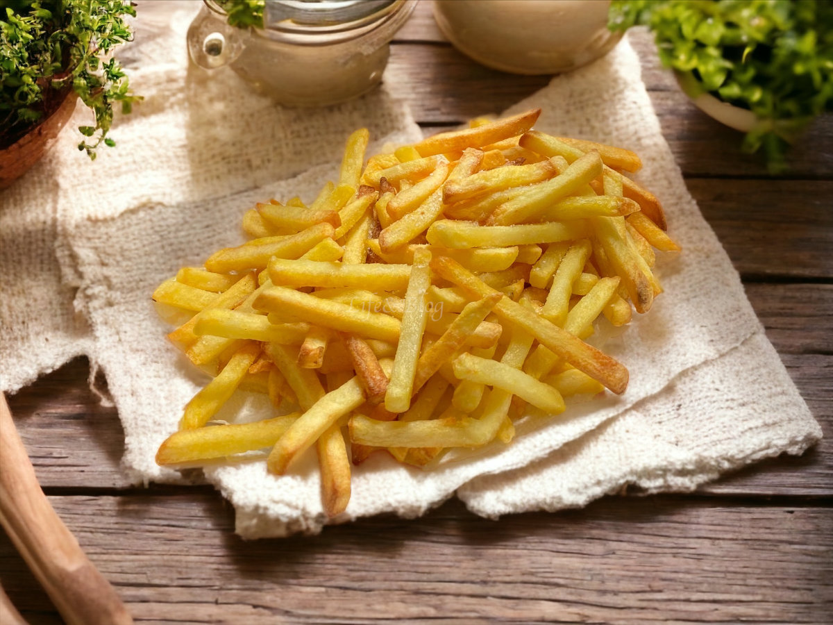 Patatine fritte surgelate cotte in friggitrice ad aria con olio spray