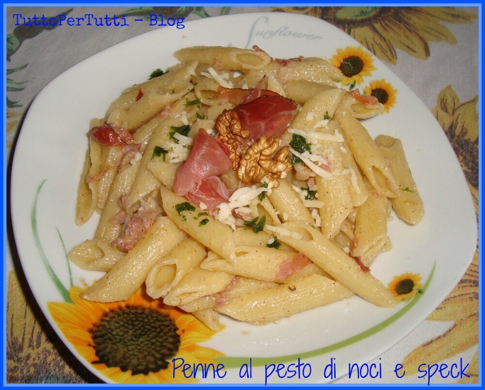 Penne al pesto di noci e speck