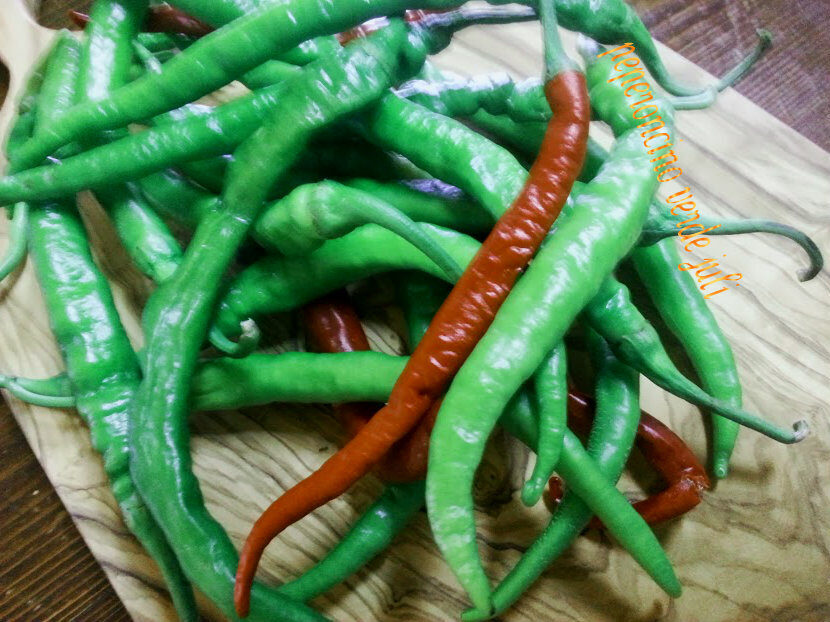 Peperoncini rossi e verdi fatti con aceto di vino.