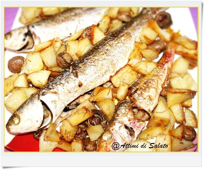 Pesce al forno con patate e funghi