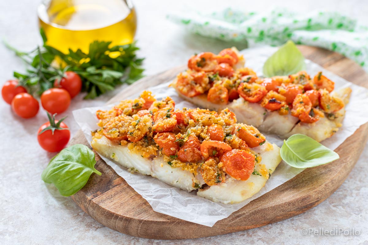 Pesce persico gratinato con pomodorini