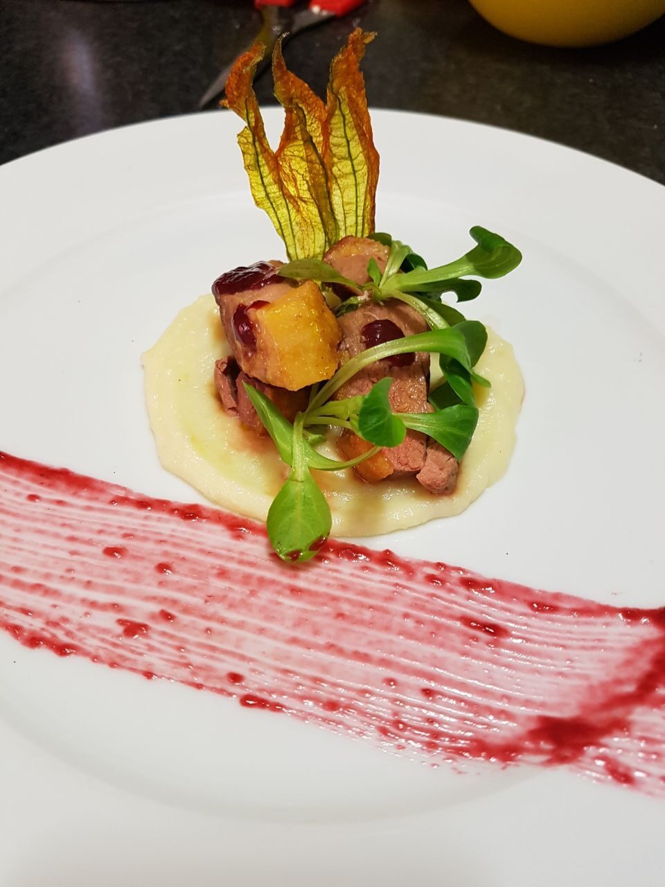 Petto d’anatra con coulis di lamponi e riduzione di morellino di scansano su crema di patate